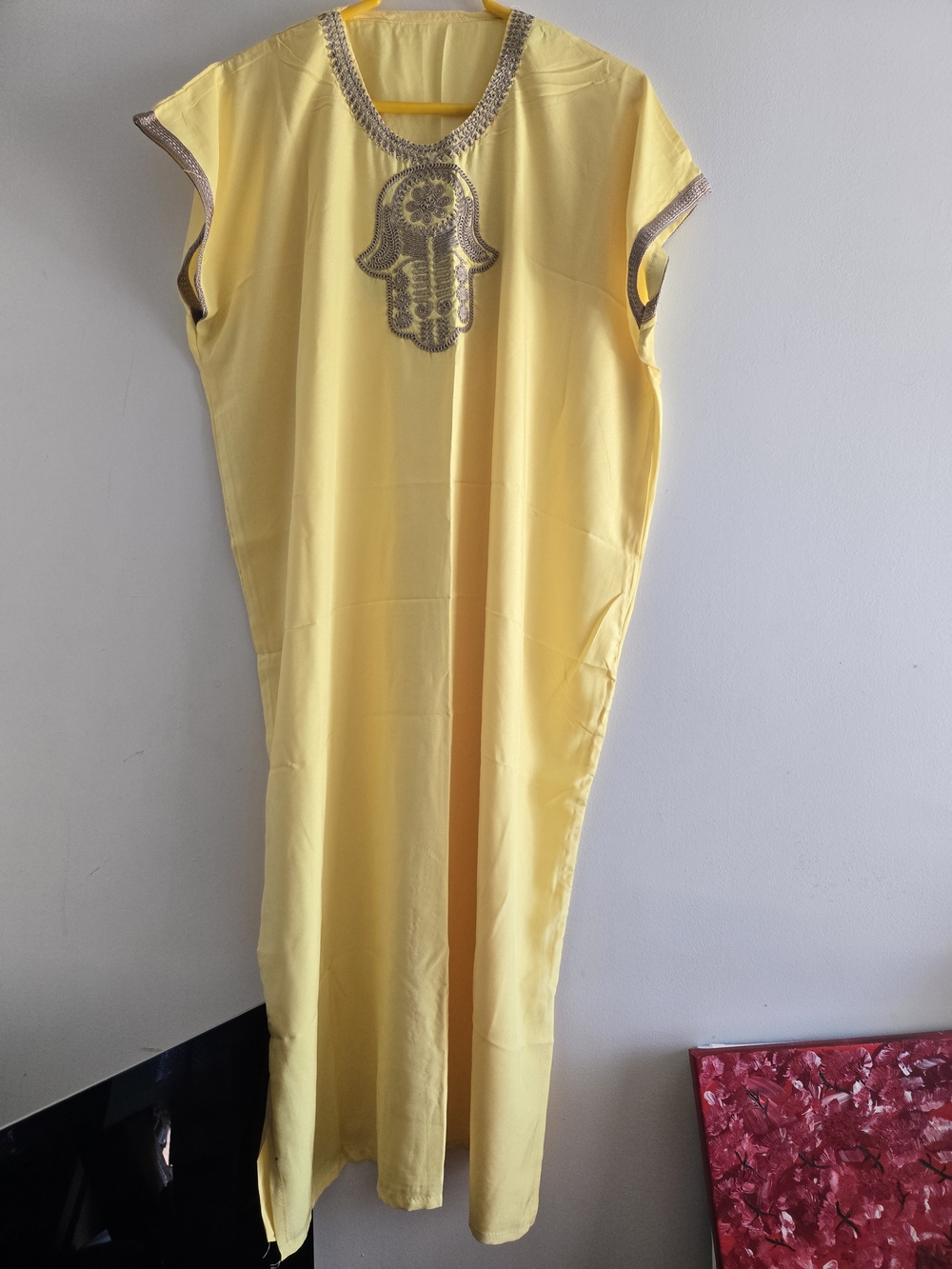 Moroccan Handmade Embroidered Women's Maxi Caftan Yellow Embellished. NWT